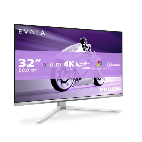 Philips Evnia 32M2N8900AM Monitor de jogos OLED UHD de 32 polegadas, 240 Hz, 0,03 ms, HDR400, FreeSync Prem. Pro, compilação G-Sync. (3840x2160, 2X HDMI 2.1, 1x DP 1.4, 1 x USB-C, branco