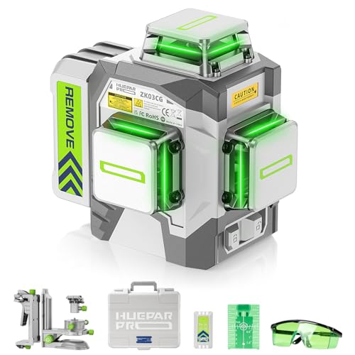 Huepar Pro Nível laser cruzado de linha 360° autonivelante, laser profissional verde de alta precisão em 3D com bateria recarregável de Li-Ion de 8000 mAh suporte micro ajustável multifunções ZK03CG