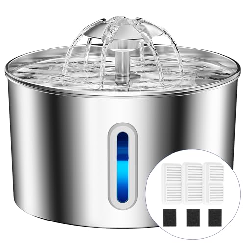 BalimoPet Fonte para gatos em aço inoxidável, 2,2 l para bebés gatos com filtro quádruplo, ultra silencioso, fácil de limpar, com LED e 3 filtros carbono ativado