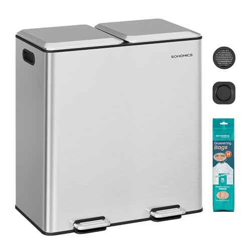 SONGMICS Cubo de cozinha, 2 x 30 l, caixote de lixo duplo para resíduos e reciclagem, com tampas de fecho macias, cubos interiores removíveis, pedais, aço inoxidável, prata metálica LTB743E01