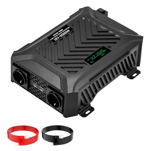 DATOUBOSS Inversor 12 v 220 v/230 v onda pura 2000 w/4000 w, inversor 12 v 2000 w onda pura com ecrã LCD com 2 tomada de AC e 1 portas tipo-c e 1 portas USB para RV, camião, campismo , électroménio