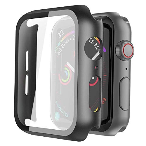 Misxi Capa preta Apple Watch Série 6 / SE/Series 5 / série 4 44 mm com protetor de ecrã em vidro temperado [2 peças], HD proteção completa para iWatch - preto