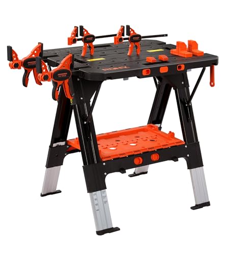 PONY Banco de trabalho portátil, mesa de trabalho dobrável, capacidade de carga 227 kg, com sargentos de barra, banco de trabalho e fixação resistente, organização ferramentas