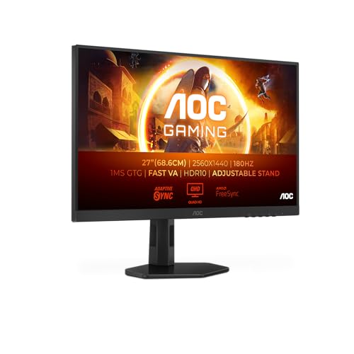 AOC Gaming Q27G4XD Monitor QHD de 27 polegadas, 180 Hz, 1 ms GTG, Fast IPS, FreeSync Prem, G-Sync Comp, HDR400, altura ajustável (2560 x 1420, HDMI 2.0, DisplyPort 1.4, H ub USB)