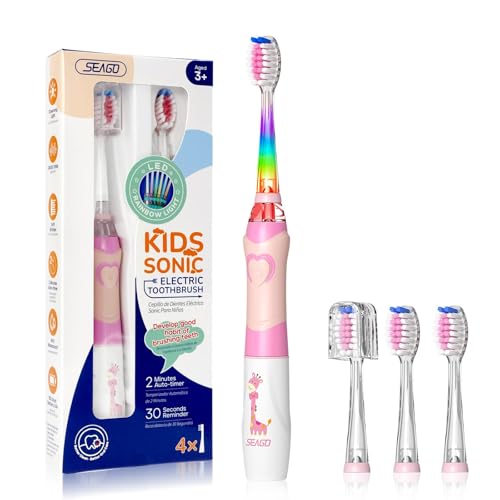 Seago Escova de dentes infantil com luz colorida, escova elétrica infantil 3 cabeças de substituição extra macias, temporizador de 2 minutos, adequado para crianças acima de 3 anos SG977 (rosa)