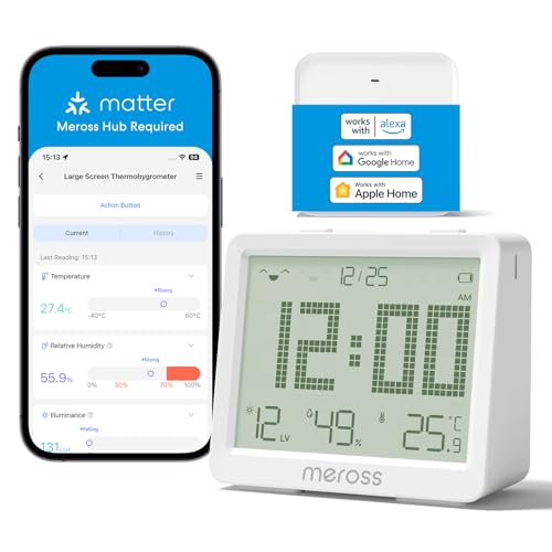 Meross WiFi Termómetro higrómetro inteligente com ecrã grande, WiFi sensor de temperatura à humidade, suporta alerta e notificação, compatível com Matter, Apple HomeKit, Alexa e Google Home (com Hub)