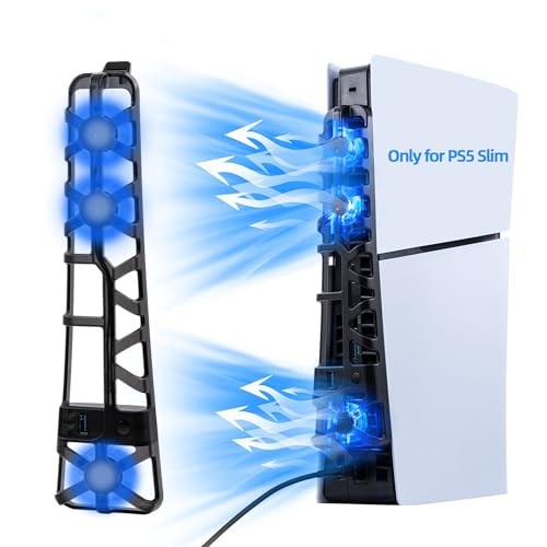 Tolesum Ventoinha de refrigeração para PS5 Slim com luz LED colorida, ventilador silencioso com controlo de temperatura para consola PS5 Slim DE/UHD, 3 modos, porta USB 3.0 - preto