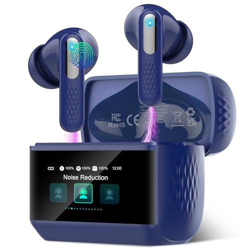 Auriculares sem fios com ecrã tátil LED, 2025 auriculares Bluetooth 5.4 HiFi estéreo com HD Mic, 48H capacetes sem fios com redução de ruído ANC+ENC, 5 modos EQ, IP7 impermeável, azul céu