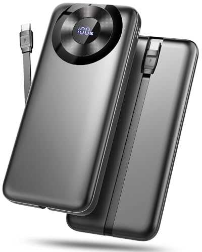 Power Bank Bateria portátil de 10000 mAh, bateria externa 3A carregamento rápido USB-C in&out com 4 saídas, carregador portátil com cabo integrado para iPhone 11/15/12/13/14/16, xiaomi, Samsung