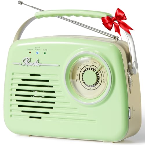 Rádios portátil Am FM, pequeno retro vintage rádio Bluetooth, C*4 rádio de pilhas ou tomada de parede, suporte para cartão SD AUX USB reprodutor de MP3 para casa / ao ar livre (verde)