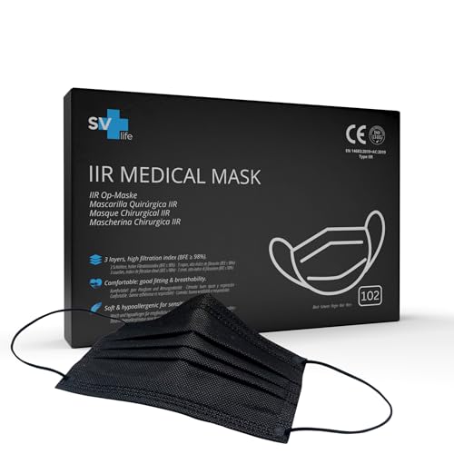 102 Máscaras cirúrgicas pretas aprovadas CE | 3 camadas, tipo IIR, uso médico | descartável – não reutilizável, tamanho adulto, envio de Espanha
