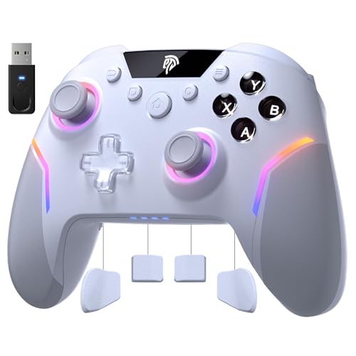 EasySMX X20 Elite Mando PC Inalambrico con Hall Gatillo Conmutable 2 en 1- Hall Joystick Desmontable- Mando para PC con Botones Mecánicos- RGB Luz- 1000mAh Batería para PC/Switch/Móvil- Blanco