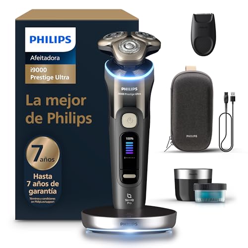 Philips i9000 Prestige Ultra, máquina de barbear elétrica para homem, máquina de barbear a seco e molhado, tecnologia SkinIQ Pro, base de carregamento, recarregável, estojo premium, centro de limpeza