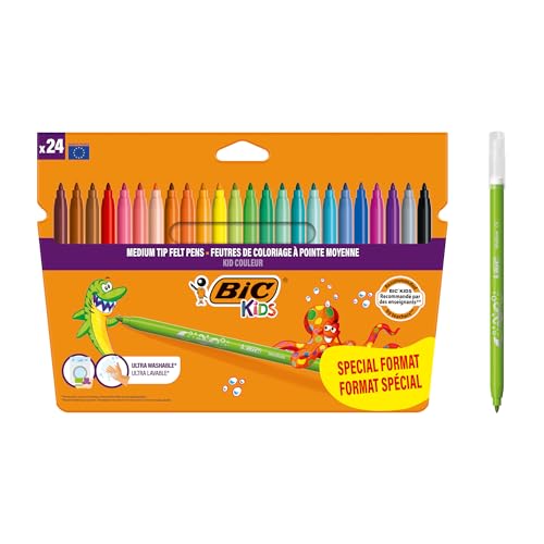 BIC Kids, Kid Couleur, marcadores laváveis para crianças, ideais para material escolar, ponta média resistente, cores brilhantes e intensas, caixa de 24 unidades