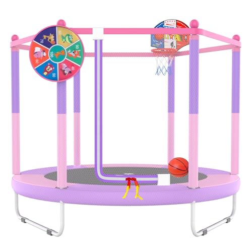 PILIN Cama elástica infantil com aro de basquetebol, cama de salto de 145 cm para interior e exterior com penas, rede de segurança elevada, brinquedo de aniversário para meninos e meninas
