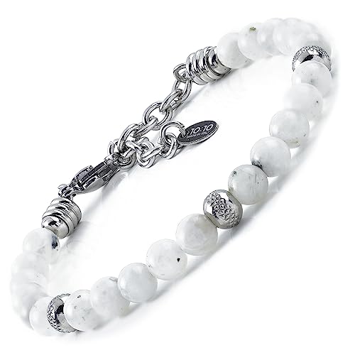 10:10 Pulseira para homem e mulher com pedras da lua naturais, diâmetro 6 mm, contas de aço inoxidável hipoalergénica, pulseira muito resistente, fabricada na Itália Moonstone