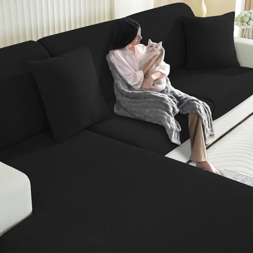YSTELLAA Capa assento sofá alta elástica, capa almofada sofá separado ajustável, protetor universal de almofada para móveis, lavável, antiderrapante (1 assento * 3 + Chaise Longue, preto)
