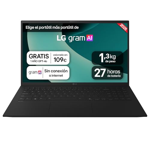 LG gram 15ZD80T-G.AX75B portátil de 15", FreeOS, AMD Ryzen AI 7, 16 GB RAM, 512 GB SSD, AMD Radeon Graphics 840M, ecrã IPS (1920x1080), leve, 1,290 g, 27 horas As, AI, N Preto