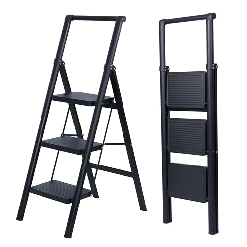 UZIRO Escada dobrável com 3 pés, leve e compacta, design decorativo, degraus largos antiderrapantes, ideal para uso em casa, cozinha e escritório, fácil de guardar e transportar, alta durabilidade