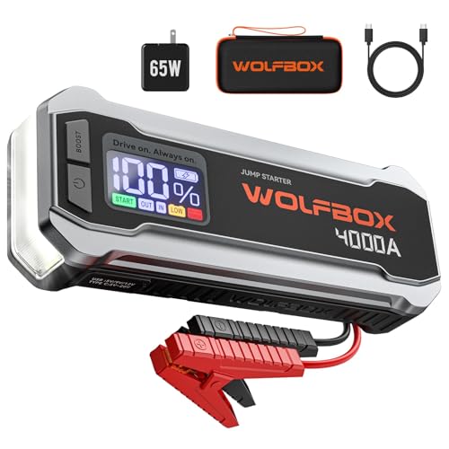 WOLFBOX 4000A arranque de baterias, 12 V arranque de carro com carregador rápido de 65 W, ecrã LED, bateria portátil de 24000 mAh (motor a gasolina de 10 l, diesel de 10 l) com reforço, luz LED,