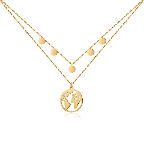 Corrente Good. Designs balão terrestre com placas para mulher I corrente mundial de várias fileiras I colar para mulher com pendente mundial e 5 moedas