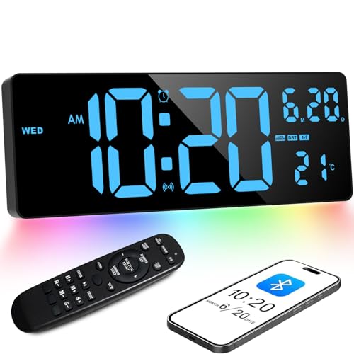 XREXS Relógio de parede digital de 16,5 polegadas com sincronização de tempo Bluetooth, ecrã azul e luz ambiente colorida. Mostra a hora, a temperatura, o calendário, o temporizador e o relógio