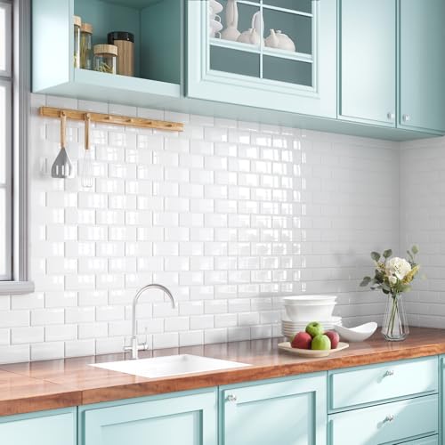 Yoillione Autocolantes grossas para cozinha - 10 peças parede de vinil cozinha azulejos salpico - azulejos adesivos fortes casa de banho 30 x 30 cm - branco