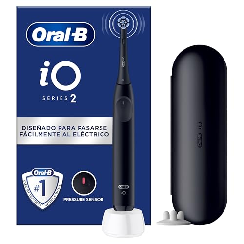Oral-B iO 2 Escova de dentes elétrica preta noite, 1 cabeça, 1 estojo de viagem, 1 suporte de substituição, 3 modos de escovagem, sensor de pressão e temporizador, desenhado por Braun