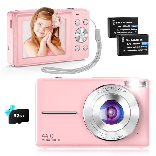 Câmara digital câmara fotográfica compacta de 44 MP com vídeo HD 1080P, cartão de 32 GB, baterias duplas, anti-vibração para crianças, adolescentes e iniciantes rosa