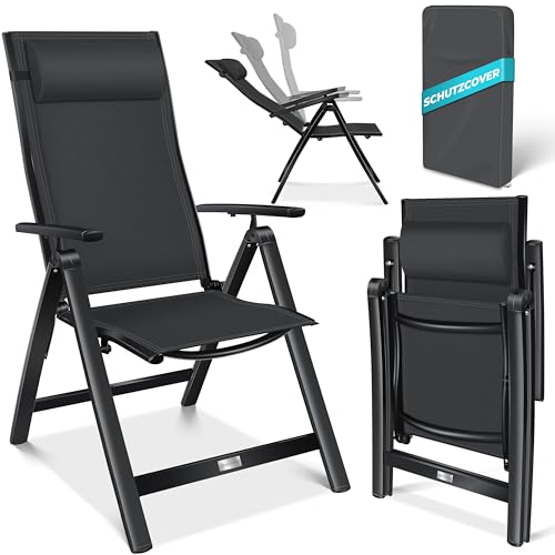 KESSER® Cadeira de jardim com encosto alto, com apoios de braços, alumínio, com almofada, ajustável em 7 direções, resistente a intermédios, dobrável, 1 peça, preto