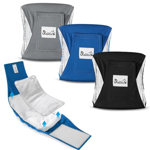 SlowTon 3 fraldas para cães machos, fraldas laváveis faixas para a barriga para cães machos e cachorros, fraldas altamente absorventes com fecho forte e flexível, embalagem de 3