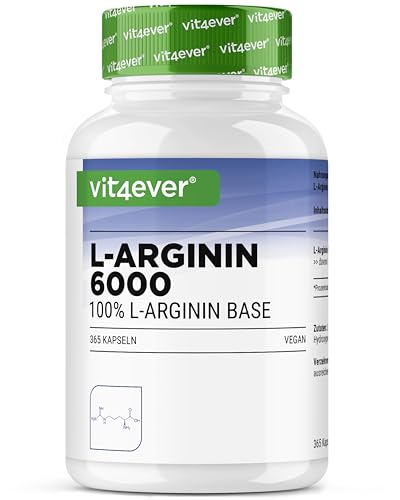 L-Arginina - 365 cápsulas, 6000 mg de L-Arginina pura por dose diária - Produzido por fermentação vegetal - Altamente dosado - Sem aditivos - Vegan