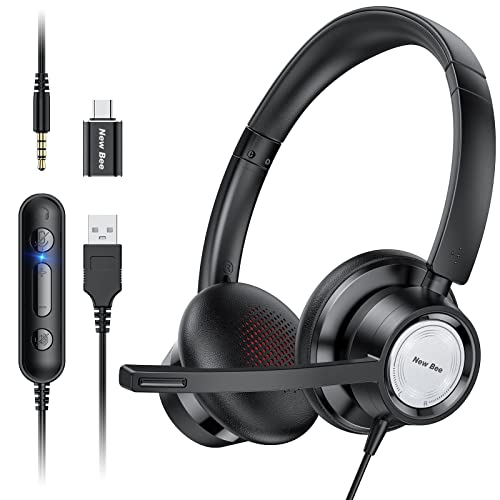 New Bee Auriculares com microfone, capacetes com microfone para PC, auriculares USB c de 3,5 mm, auriculares para negócios/conferências/Skype Chat