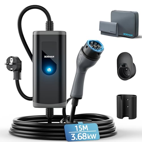 bokman Carregador de carro elétrico tipo 2, 3,68 kW / 16 A / 15 metros / IP65 impermeável, monofásico cabo de carregamento para veículos elétricos