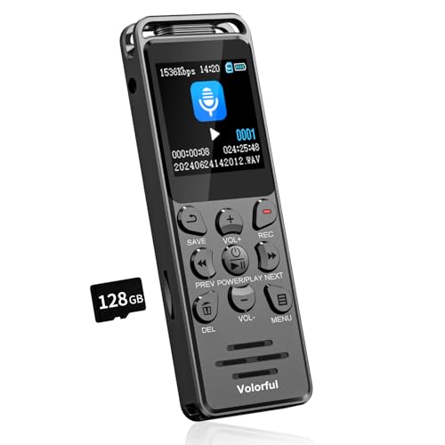 144 GB Gravador de voz profissional digital, gravador de áudio de 70H, Volorful 1,44" ecrã cor gravador USB C portátil para aulas reuniões entrevistas, leitor MP3, ativação por voz