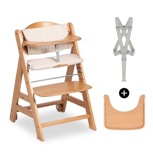 hauck Beta Plus Cadeira evolutiva de madeira com certificado FSC® almofada e bandeja, cadeira bebé volutiva a partir de 6 meses com arnês de segurança e rodas, sistema anti-capotamento, natural