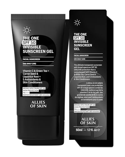 Allies of Skin - The One SPF 50 Invisível Sunscreen Gel com vitamina C, chá verde, secagem de carros, óleo de secagem vermelha e licorice root e 5 antioxidantes e condições. 50 ml/ 1,7 oz