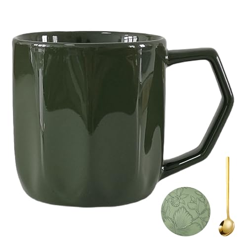 KOPYFANTAP Caneca de café de cerâmica 300 ml, tigela de cappuccino de porcelana com colher e base de copos para chá, leite, chocolate, verde