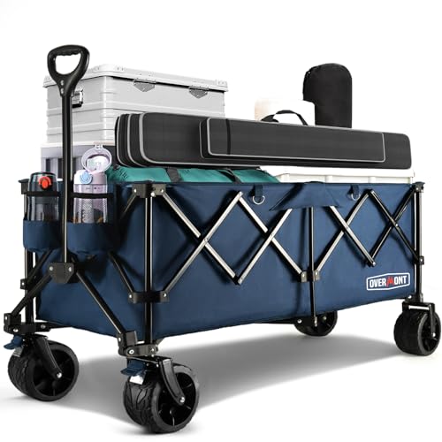 Overmont Carrinho de praia dobrável - 114 cm carrinho de campismo dobrável estendido com travões - 300 l 200 kg carro de transporte com rodas grandes todo o terreno - carrinho portátil para jardim