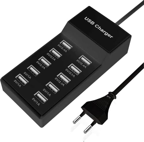 Carregador USB multi-porta, de 10 portas USB fonte de alimentação USB 40W multiporta carregamento rápido USB hub compatível com iPhone 12/13/14/16/Samsung S22/S23/S24/Xiaomi/Oppo/OnePlus