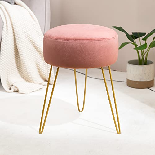 LUE BONA Banqueta de veludo toucador, banco redondo, banco acolchoado otomano pernas de metal suporte, rosa