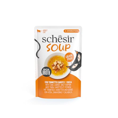 Schesir, Sopa com bifes de atum com cenouras e abóbora, cisne húmido complementar para gatos, em sacos, receita original, 100% natural, 12 x 40 g