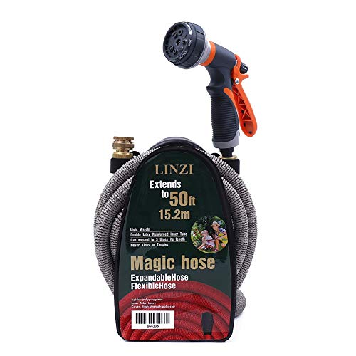 LINZI Mangueiras de jardim expansíveis 15 m 50 FT mangueira mágica núcleo de látex duplo flexível sem torções conectores de latão pistola de pulverização 8 funções suporte de mangueira