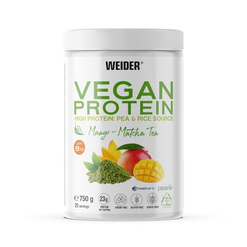 Weider Vegan Protein (750 g) sabor Mango-Matcha. Proteína vegana 23 g/dose isolada ervilha (Pisane) e arroz. Vitamina B12 e Stevia. Sem glúten, sem açúcar. Bote 50% reciclado, 100% reciclável