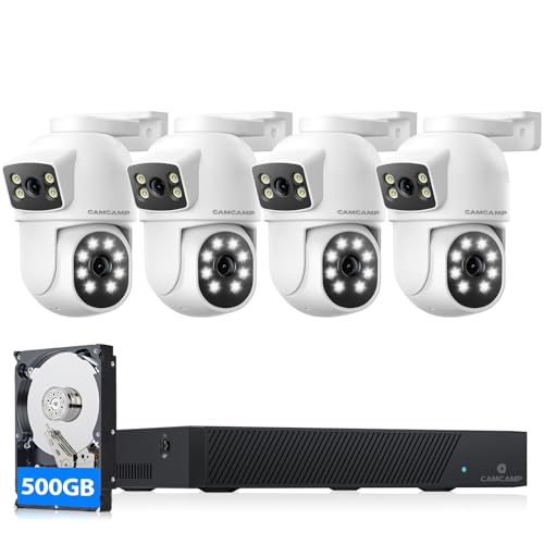 CAMCAMP 4MP Kit câmaras de vigilância exterior PoE, 8 canais H.265 NVR, 500 GB HDD, 4 x 2 K kit câmaras IP de videovigilância dupla lente vista, gravação 24/7, alerta de e-mail, visão noturna