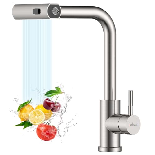 APPASO Torneira de cozinha waterfall, torneira de cozinha de alta pressão, torneira de cozinha removível com 3 tipos de jato rotativo de 360°, aço inoxidável escovado