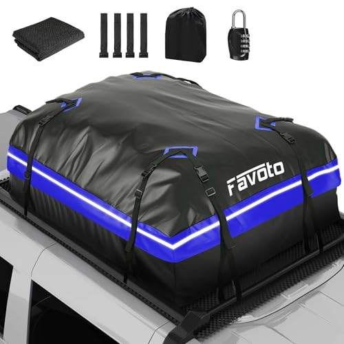 Favoto Dachtasche Faltbarer 425L Dachkoffer Wasserdicht mit Rutschmatte Türhaken Verstärkungsgurte für PKAutos SUVS mit/ohne Gepäckträger Reisen Gepäcktransport Blau