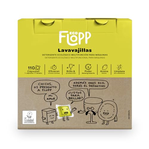 Flopp - Cápsulas de máquina de lavar louça, ecológicas, 110 cápsulas com embalagem biodegradável, etiqueta UE ecológica, brilhantador com proteção de vidro, fórmula vegana