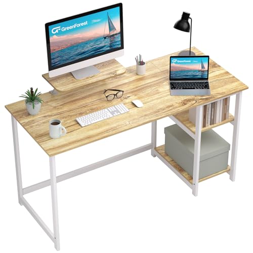 GreenForest Mesa de computador com prateleiras de armazenamento reversível, mesa de escritório para economia de espaço, mesa de estudo pequena para montagem simples, bege