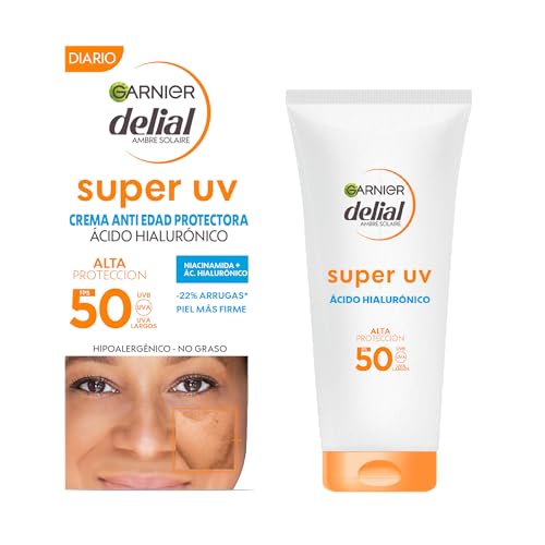 Garnier Delial Super UV Creme anti-idade protetor facial com [Niacinamida ácido hialurónico Proteção muito alta FPS 50+. Não pegajoso, não oleoso e hipoalergénico. 50 ml